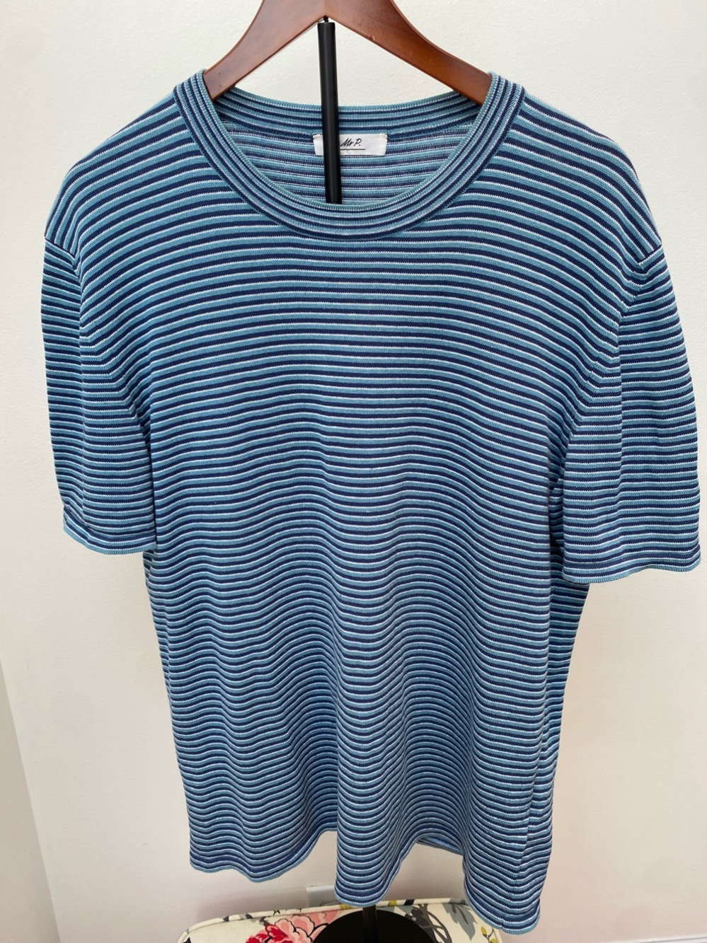 Striped Blue & Gray Short Sleeve Knit Top